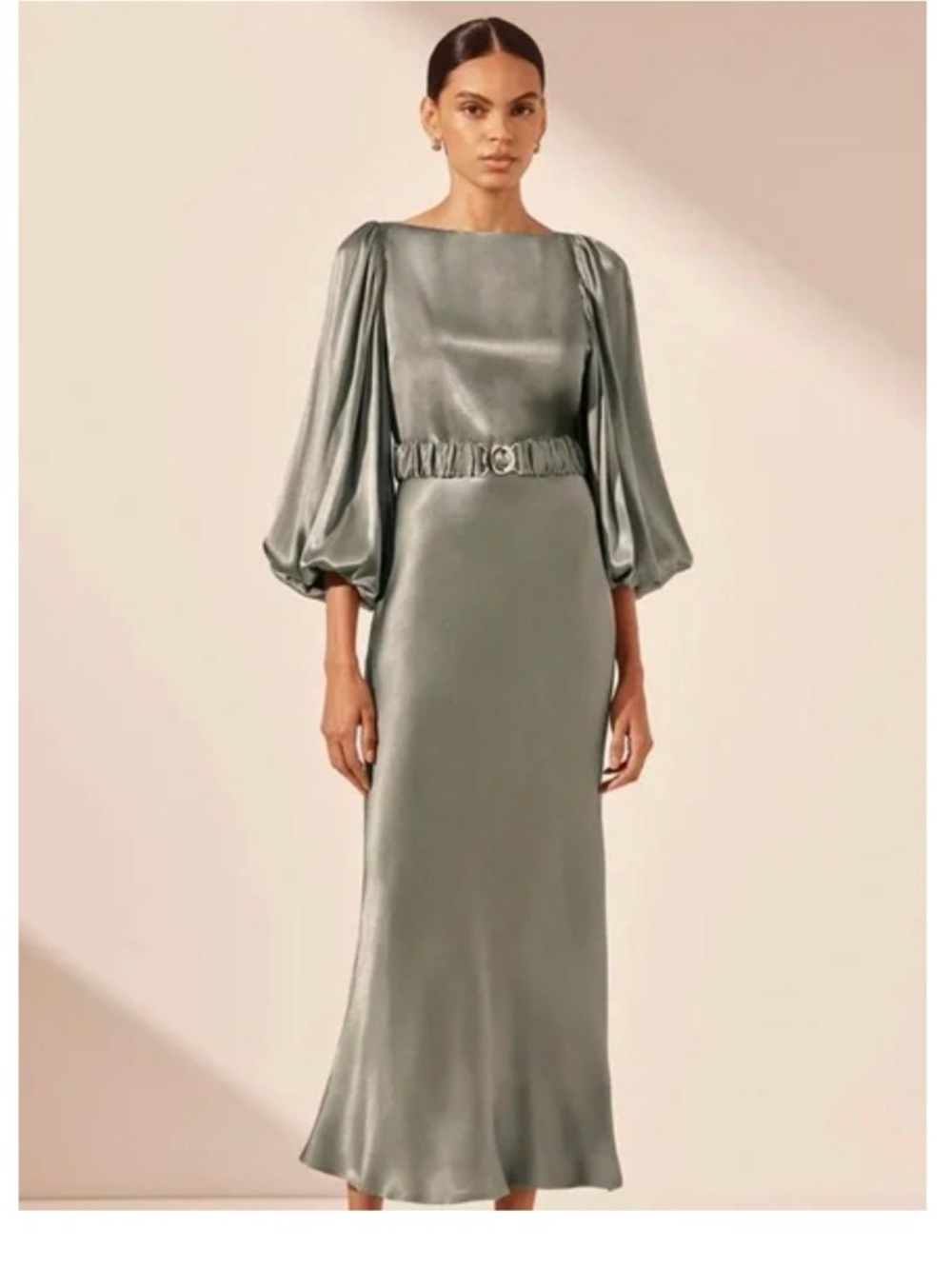 Satin Midi Dress in Sage Green